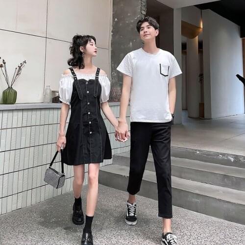 New couples dress black and white men and women short sleeve splicing T-shirt couples clothing couples clothes
