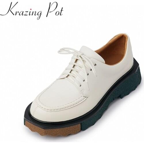 Krazing Pot new genuine leather round toe lace up British school casual fashion Oxford shoes platform concise women pumps l61