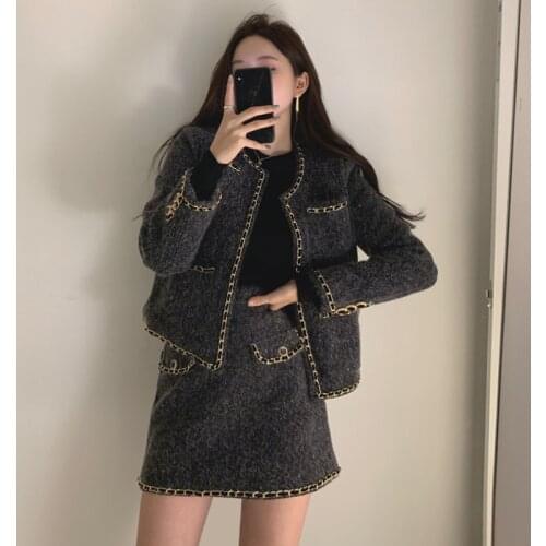 Autumn Winter New Tweed Suit Korean Elegant O-neck Double Pockets Slim Fit Jacket + Panelled Bodycon Skirt Fashion 2 Piece Set