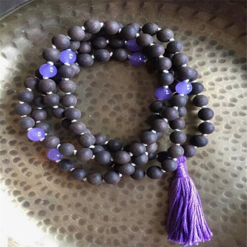 8mm sandalwood Amethyst gemstone Mala Necklace 108 beads Gemstone Meditation natural Veins spirituality Reiki pray Wristband