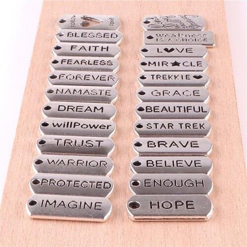10pcs Faith Dreams Inspiration Words Rectangle Tag Charms Alloy Silver Jewelry Findings 8*21mm