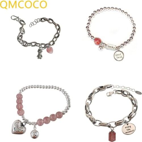QMCOCO 925 Silver Simple Bracelet Woman Trendy Elegant Creative Pink Series Strawberry Crystal Abacus Smile Face Party Jewelry