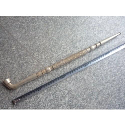 Rare Qing-Dynasty Silver pipe,fine carving,48cm Long, Free shipping