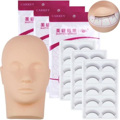 Silicone Eyelash Mannequin Model Head Practice Training Lashes Set Under Eye Pads Grafting Eyelashes Flat Head Lash Extensions