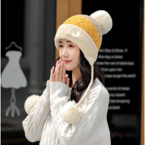 Outdoor Earflap Wool Knitted Snow Ski Cap Fleece Bomber Trapper Hat Women Ski Faux Fox Fur Pompom Winter Female Cap