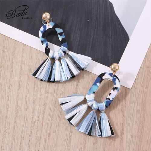 Badu Vintage Raffia Tassel Earring Geometric Acrylic Statement Earrings for Women Big Colorful Acetic Acid Christmas Jewelry