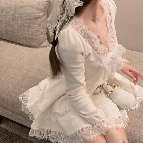 Winter Lace Knit Mini Dress Women Casual Long Sleeve Kawaii One Piece Dress Korean 2021 Spring V-Neck Sweater Dress Female Cute