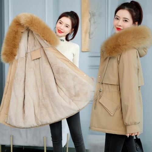 Women Wool Liner Winter Jacket Solid Hooded with Fur Ladies Casual Parkas Zipper Pockets Thick Warm Outwear for Female 2021