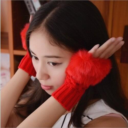 Women Fingerless Gloves Cute Faux Rabbit Fur Knitted Gloves Female Winter Knitting Warmer Wrist Hand Gloves Mitten 2017 Hot Sale