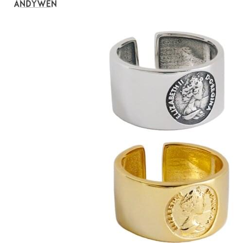 ANDYWEN 925 Sterling Silver Big Size Thicker Adjustable Rings Women Rock Punk Large Face Gold Luxury 2020 Fashion Jewelry