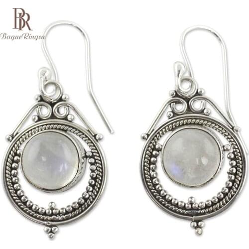 Bague Ringen Vintage Silver 925 Jewelry Bombay Moonstone Handmade Earrings for Women Moonlight Temperament Drop Earrings Party