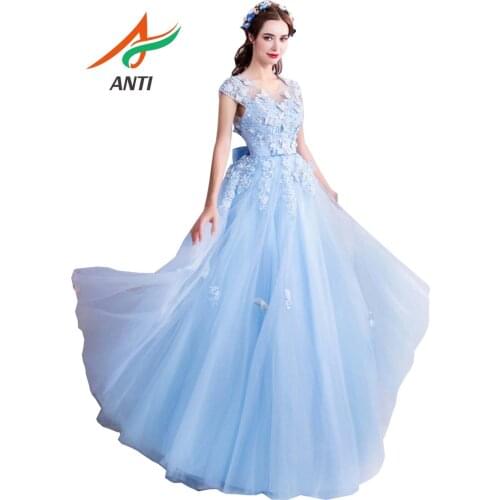 ANTI Tulle Prom Dresses Blue Lace Appliques Beading A-line Long Vestidos De Graduacion Butterfly Evening Gowns Stock 2019 LM564