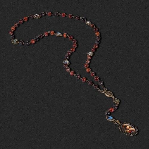 Religious Catholic Agate Rosary Bead Necklace Virgin Mary Center Pendant Necklace for Women The Seven Sorrows Prayer Jewelry
