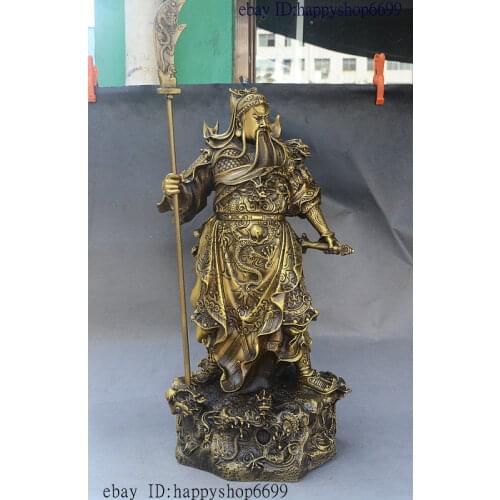 21" China Dynasty Famous Bronze Warrior Guan gong Sword Guan yu Dragon Statue