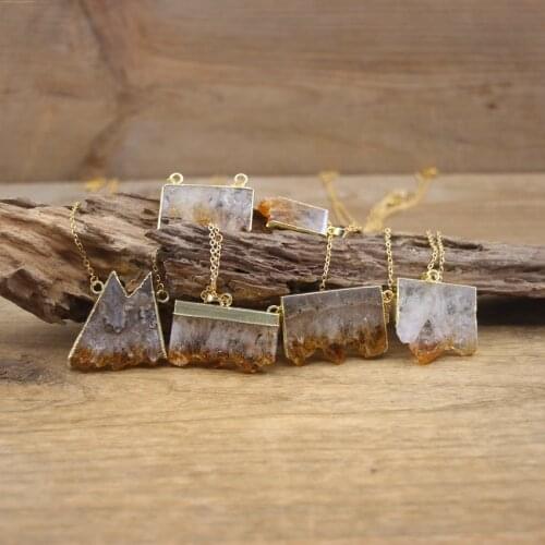 Golden Chains Natural Citrines Geode Druzy Pendants,Healing Crystal Raw Quartz Drusy Slice Charms Necklace Women Jewelry,QC3096