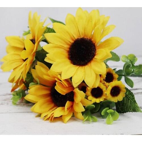 1Bunch Beautiful Silk Sunflower Bouquet Artificial Flower Head For Wedding Bride Bouquet Birthday Home Garden Decor Fake Flowers