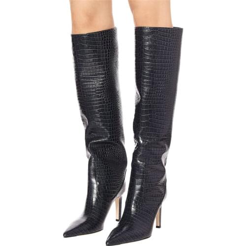 2020 Brand Women Boots Fashion High Heels Knee High Boots Faux Leather Pointed Toe Thin Heel Boots Winter Warm Female Boots