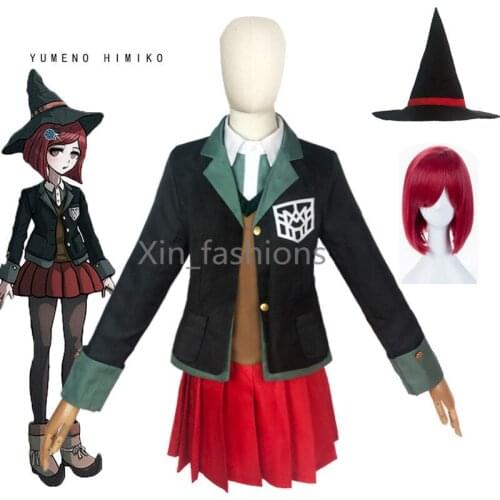 2020 Danganronpa Magician Yumeno Himiko Cosplay Costume School Girl Uniform Red Wig Magic Hat Halloween Party Skirt Set Suit