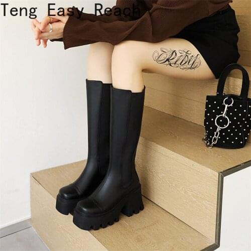 2021 Winter New Women Top Quality Knee High Boots Chunky Heels Sexy Zipper Party Shoes Womens Mid-calf Black Fashion Punk Boots