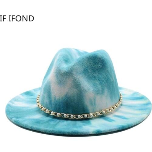 2021 New Double Side Tie Dye Felt Fedoras Hats With Pearl Chain Lady Elegant Wide Brim Blend Jazz Hat Multicolor Party Cap