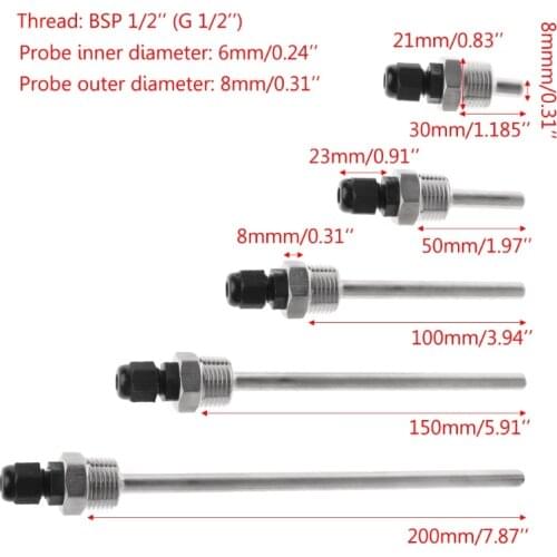 OOTDTY 30-200mm Thermowell Stainless Steel 304 1/2" BSP G Thread For Temperature Sensor Hotselling A5YD
