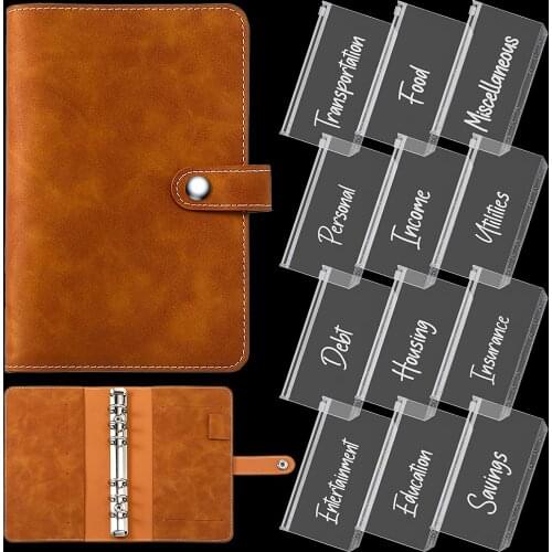 A6 PU Leather Binder Cover 6 Ring Notebook Planner with 12Pcs White Letters Binder Zipper Pocket Folders for Bill Planner