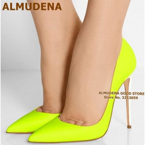 ALMUDENA Neon Yellow White Heels Patchwork Dress Shoes Pointed Toe Patent Leather Wedding Shoes 12cm 10cm 8cm Pink Heels Pumps