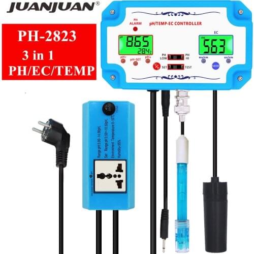 Digital 3 in 1 pH EC TEMP Meter Water Quality Detector pH Controller Relay Plug Replaceable Electrode BNC Type Probe Tester
