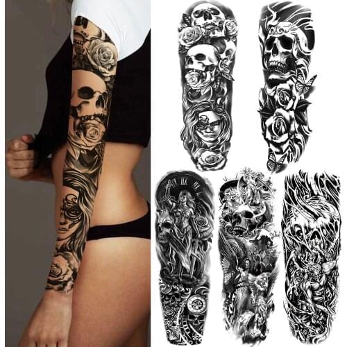 Halloween Flower Skull Temporary Tattoo Sleeve For Women Men Adult Black Full Arm Warrior Tattoos Sticker Fake Devil Tatoo