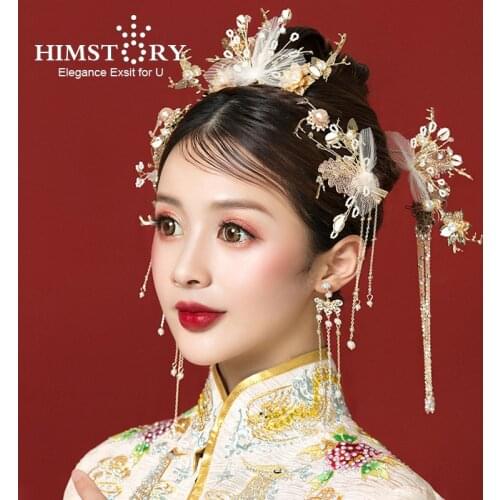 HIMSTORY Ancient Traditional Chinese Hairpin Hair Stick Accessories Bridal Chinese Wedding Headdress Hair Jewelry