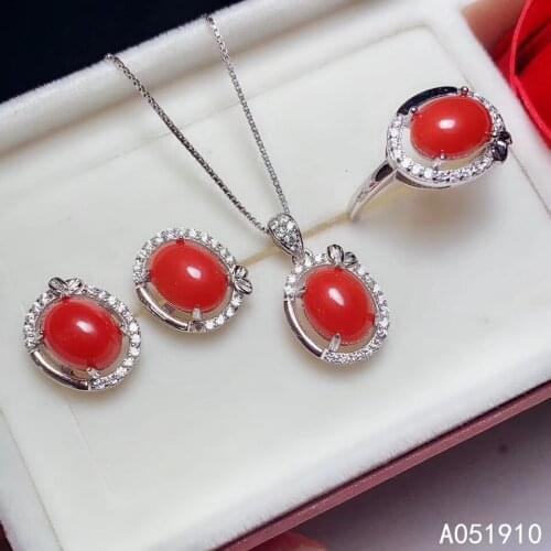 KJJEAXCMY boutique jewelry 925 sterling silver inlaid Natural Red Coral pendant Ring Earring Suit Support Detection popular