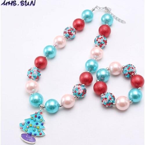 MHS.SUN Cute Christmas Tree Pendant Chunky Beads Necklace Bracelet For Kids Girls Colorful Bubblegum Bead Child Party Jewelry