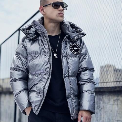Fashion Streetwear Oversized Hip Hop Printed Coat Outwear Men Winter Bright Silver Thick Warm Padded Hooded Parka Jacket