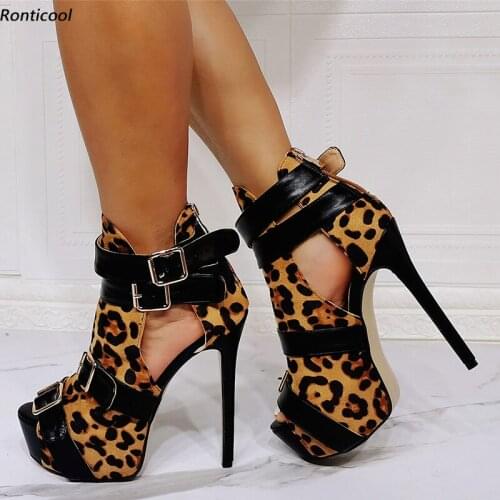 Ronticool New Women Platform Sandals Buckle Strap Back Zipper Stiletto Heel Peep Toe Gorgeous Leopard Party Shoes US Size 5-20