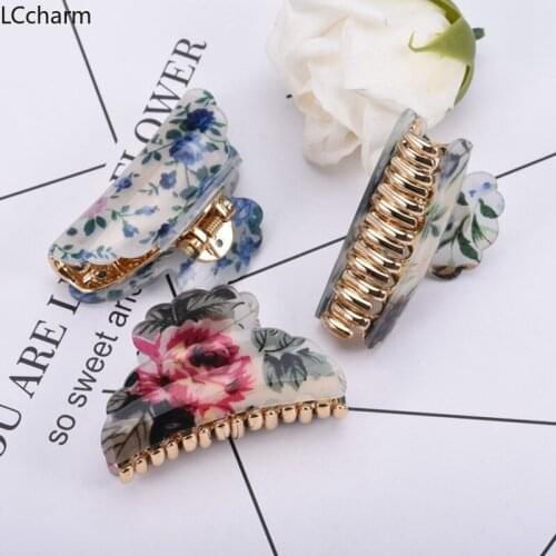 New Fashion Women Ladies Printed Flower Hair Clips Crab Claw Clips Hair Clamp Girl Hair Accessories