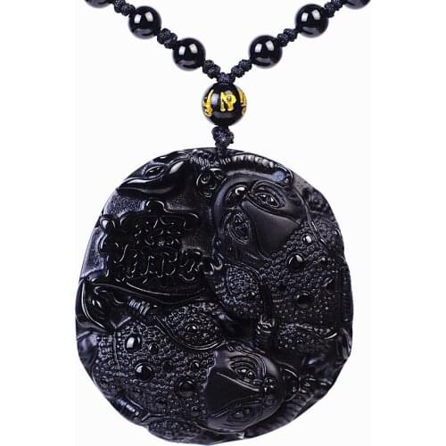 Natural Black Obsidian Beads Necklace Hand-Carved Toad Jade Pendant Fashion Charm Jewelry for Man Women Amulet Auspicious Gifts