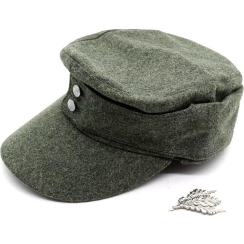 Replica WWII German WH Elite EM M43 Panzer Wool Cap Hat Green+SKI Sniper OAK Leaf Badge