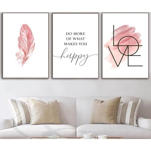 Pink Feather Poster Canvas Painting Inspirational Quote Wall Art Poster and Print Love Sign Picture For Girl Bedroom Home Decor