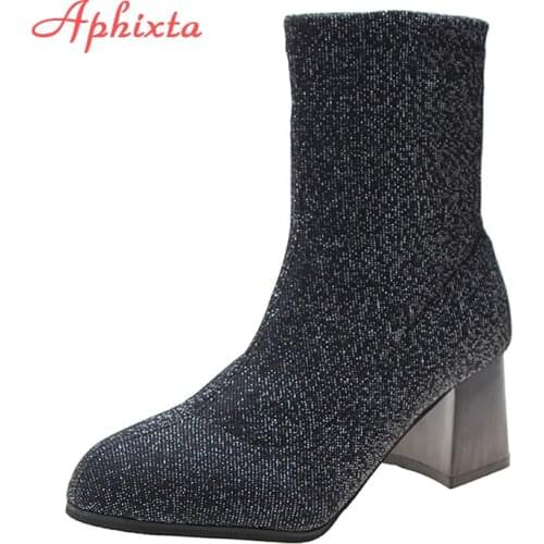 Aphixta Sock Boots Women Shoes Elastic Mid-Calf Stretch Knit Bootie Socks Bling Sequins Fabric Square Heel Shoes Plus Size 43