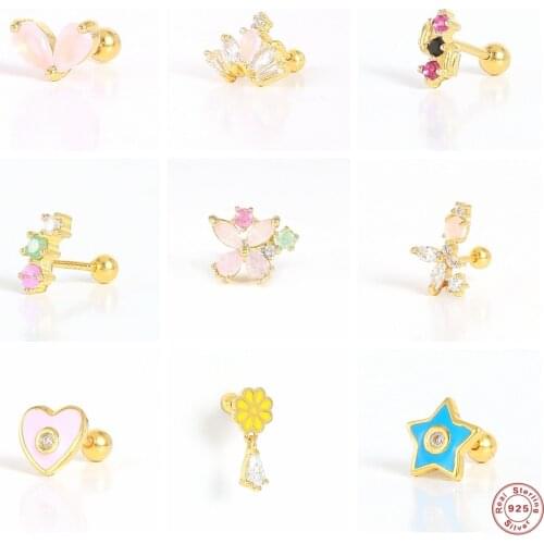 S925 Sterling Silver Dripping Oil Love Star Piercing Earrings Colorful Pink Zircon Cartilage Stud Earring Pendientes plata 925