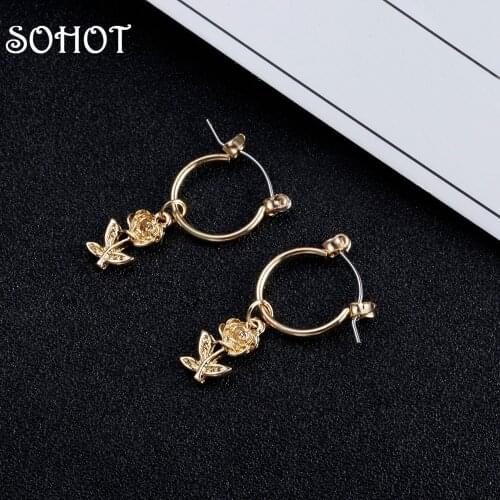 SOHOT Romantic Style Flower Hoop Earrings Gold Silver Color Alloy Metal Cute Women Charm Jewelry Bijoux For Engagement Gift