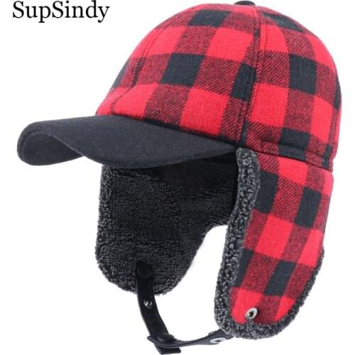 SupSindy Men&Women Classic Plaid Winter Bomber Hats Thicken Fleece Cotton Wool Warm hat Pilot Earflap Trapper Baseball Caps male