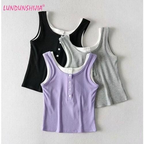 LUNDUNSHIJA 2020 Summer Fashion Women Buttons Tank Tops Camisole Ladies Lavender Purple Ribbed Cotton 2 Piece Vest Blusas