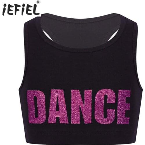 Fashion Crop Top for Girls Shiny Letter Print Tank Top Dance Stage Performance Sports Bra Teens Child Workout Dancewear Clothes