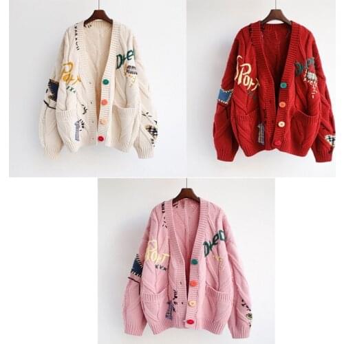 Women Crochet Knit Cardigan Long Sleeve Colorful Buttons Sweater Coat Letters Embroidery Vintage Patches Loose Outwear