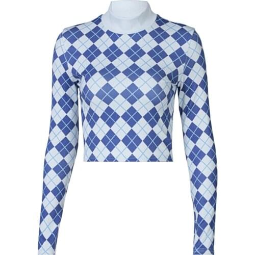 Women Long Sleeve Turtleneck T-Shirt Vintage Argyle Plaid Printed Pullover Crop Top Ribbed Knitted Slim Streetwear