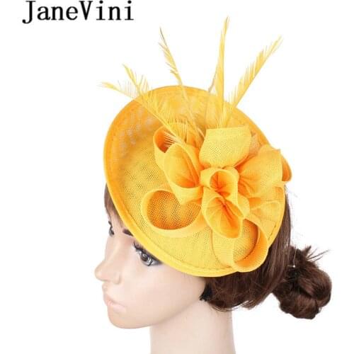 JaneVini Chic Ladies hat Yellow White Black Holiday Fascinator Party Hat Headband Feather Wedding Hats and Fascinators Headpiece