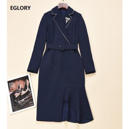 Bodycon Dress 2020 Autumn Winter Celebrity Style Women Notched Collar Beading Brooches Deco Long Sleeve Blue Red Dress Work Lady