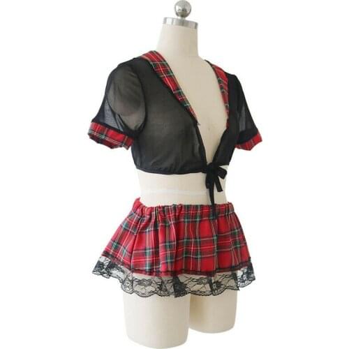 Womens Sexy Lingerie School Girl Prep Student Cosplay Plaid Bra Top with Tie Lace Trim Mini Skirt Costume Set Uniform Plus Size