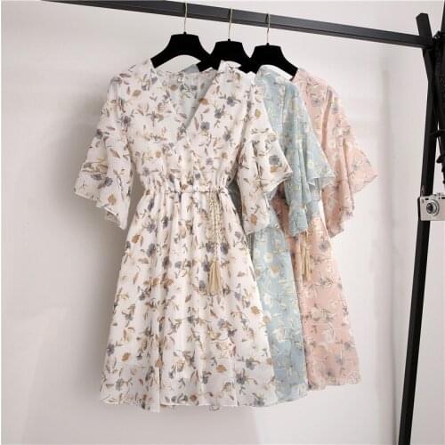 2021 Summer Floral Print Dress Womans Chiffon Ladies Knee Length Dress Sexy V-Neck Butterfly Sleeve Tunic A-Line Female Dresses